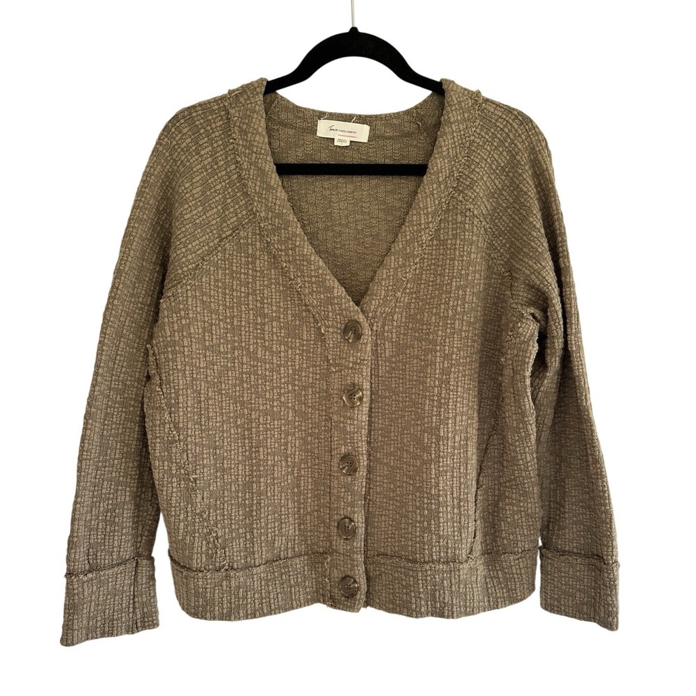 Turo By Vince Comuto‎ Button Up Distressed V Neck Cardigan Olive Beige Women's L
